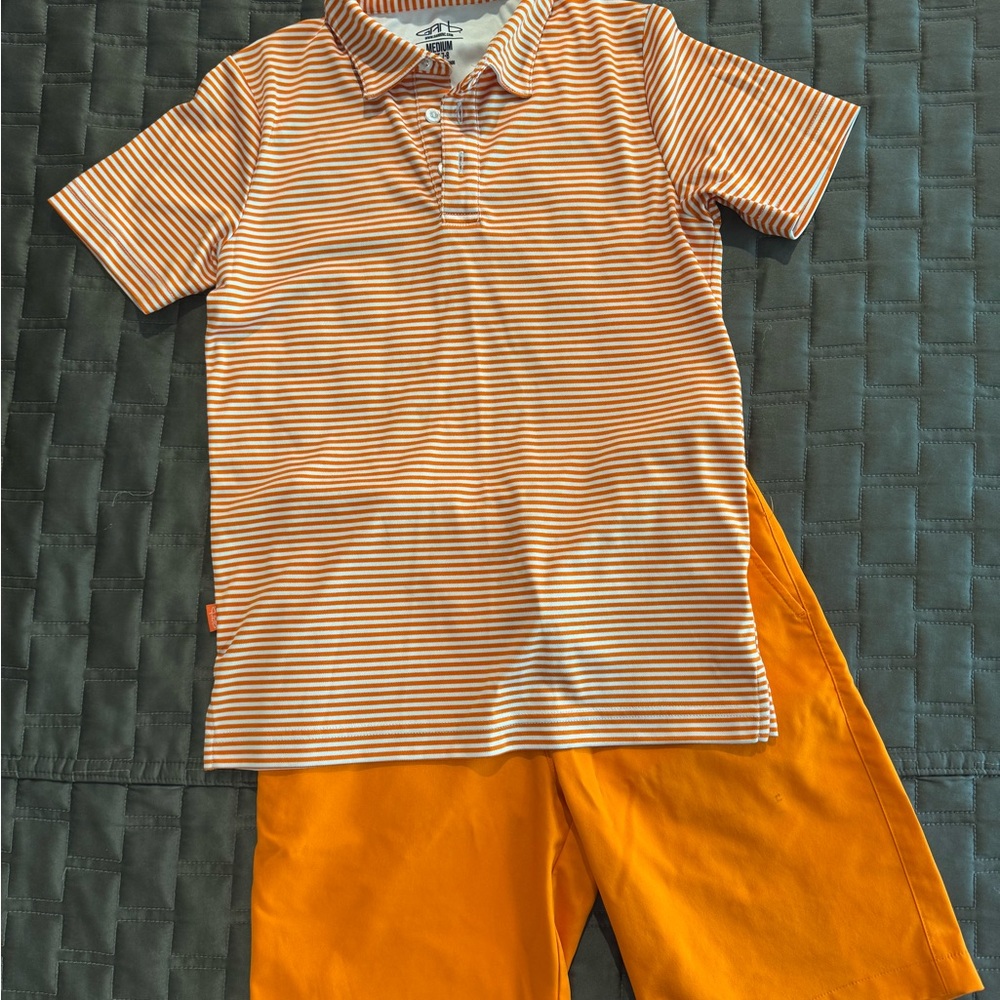 Striped Orange Kids Polo Shirt & orange shorts